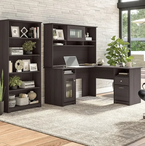 Bush Furniture L-Desks<Cabot 60"W L Shaped Computer Desk with Hutch and 5 Shelf Bookcase, (CAB011HRG)