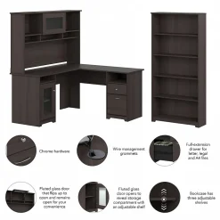 Bush Furniture L-Desks<Cabot 60"W L Shaped Computer Desk with Hutch and 5 Shelf Bookcase, (CAB011HRG)