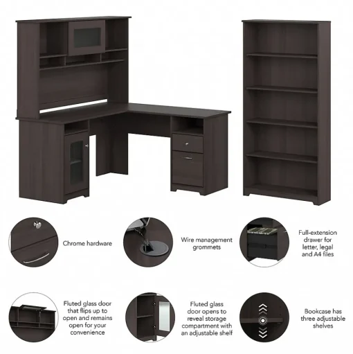 Bush Furniture L-Desks<Cabot 60"W L Shaped Computer Desk with Hutch and 5 Shelf Bookcase, (CAB011HRG)