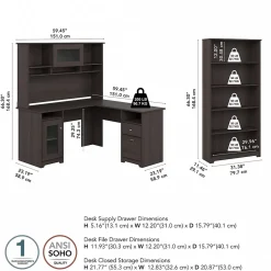 Bush Furniture L-Desks<Cabot 60"W L Shaped Computer Desk with Hutch and 5 Shelf Bookcase, (CAB011HRG)