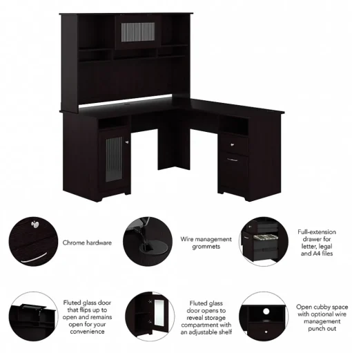 Bush Furniture L-Desks<Cabot 60"W L Shaped Computer Desk with Hutch and Storage, (CAB001EPO)