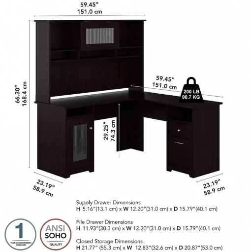 Bush Furniture L-Desks<Cabot 60"W L Shaped Computer Desk with Hutch and Storage, (CAB001EPO)