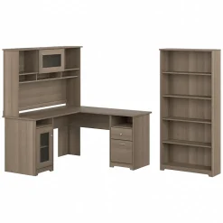 Bush Furniture L-Desks<Cabot 60"W L-Shaped Desk with Hutch and 5-Shelf Bookcase, (CAB011AG)