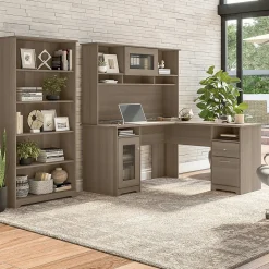 Bush Furniture L-Desks<Cabot 60"W L-Shaped Desk with Hutch and 5-Shelf Bookcase, (CAB011AG)