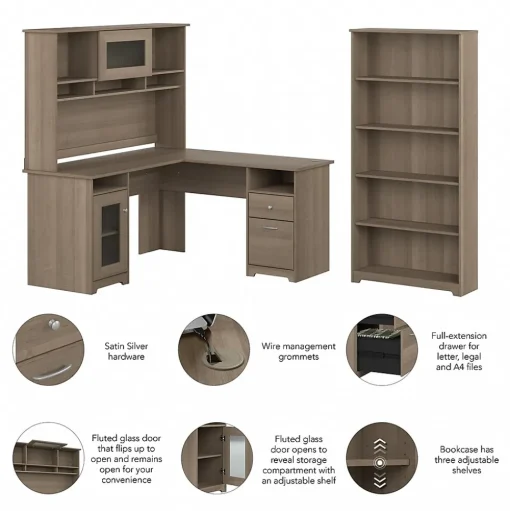 Bush Furniture L-Desks<Cabot 60"W L-Shaped Desk with Hutch and 5-Shelf Bookcase, (CAB011AG)