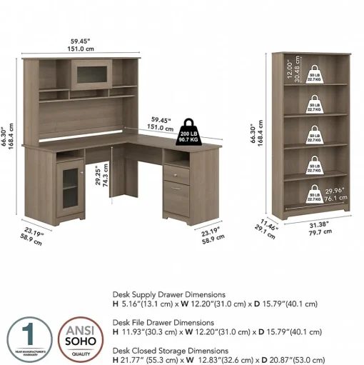 Bush Furniture L-Desks<Cabot 60"W L-Shaped Desk with Hutch and 5-Shelf Bookcase, (CAB011AG)