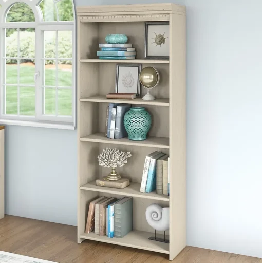 Bush Furniture Bookcases<Fairview Collection 69"H 5-Shelf Bookcase with Adjustable Shelves, Antique White Laminated Wood (WC53265-03)