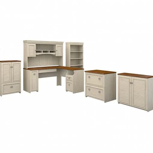 Bush Furniture Office Desks<Fairview 60"W L Shaped Desk with Hutch, Bookcase, Storage and File Cabinets, (FV014AW)