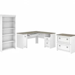 Bush Furniture Office Desks<Fairview 60"W L Shaped Desk with Lateral File Cabinet and 5 Shelf Bookcase, (FV008G2W)