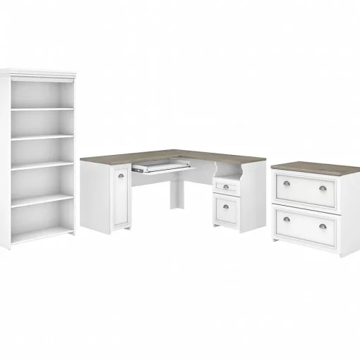 Bush Furniture Office Desks<Fairview 60"W L Shaped Desk with Lateral File Cabinet and 5 Shelf Bookcase, (FV008G2W)