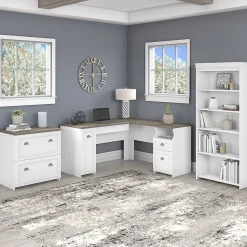 Bush Furniture Office Desks<Fairview 60"W L Shaped Desk with Lateral File Cabinet and 5 Shelf Bookcase, (FV008G2W)