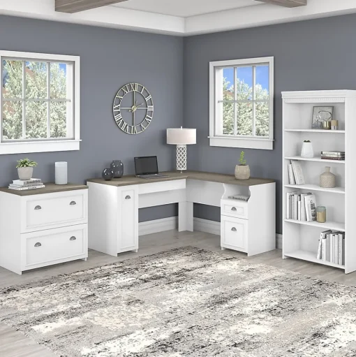 Bush Furniture Office Desks<Fairview 60"W L Shaped Desk with Lateral File Cabinet and 5 Shelf Bookcase, (FV008G2W)