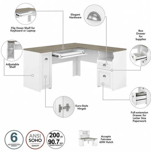 Bush Furniture Office Desks<Fairview 60"W L Shaped Desk with Lateral File Cabinet and 5 Shelf Bookcase, (FV008G2W)