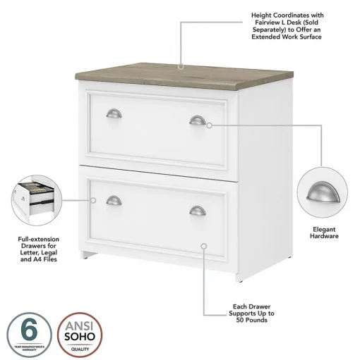 Bush Furniture Office Desks<Fairview 60"W L Shaped Desk with Lateral File Cabinet and 5 Shelf Bookcase, (FV008G2W)