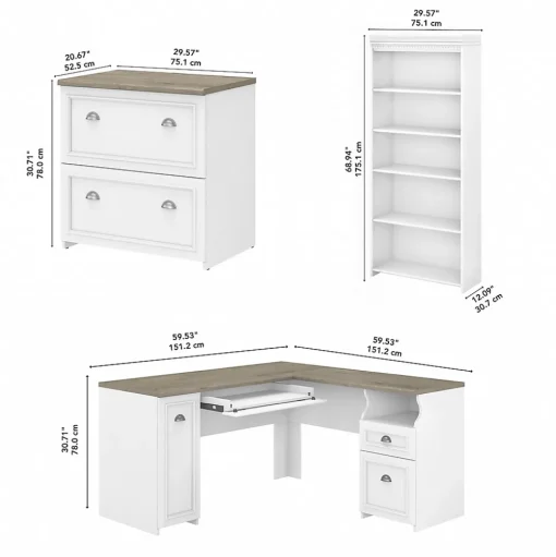 Bush Furniture Office Desks<Fairview 60"W L Shaped Desk with Lateral File Cabinet and 5 Shelf Bookcase, (FV008G2W)