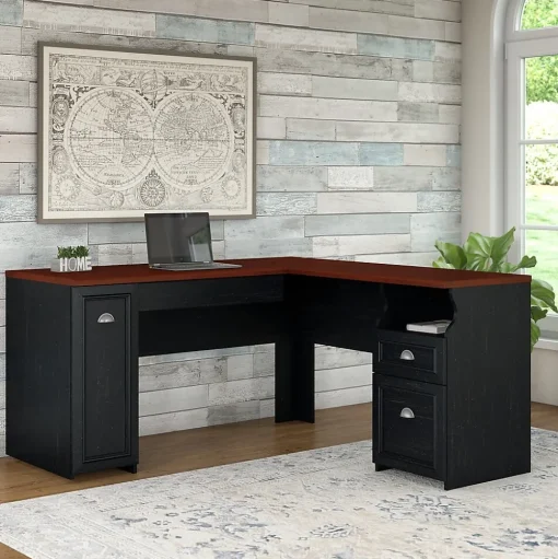 Bush Furniture L-Desks<Fairview 60"W L Shaped Desk with Drawers and Storage Cabinet, (WC53930-03K)