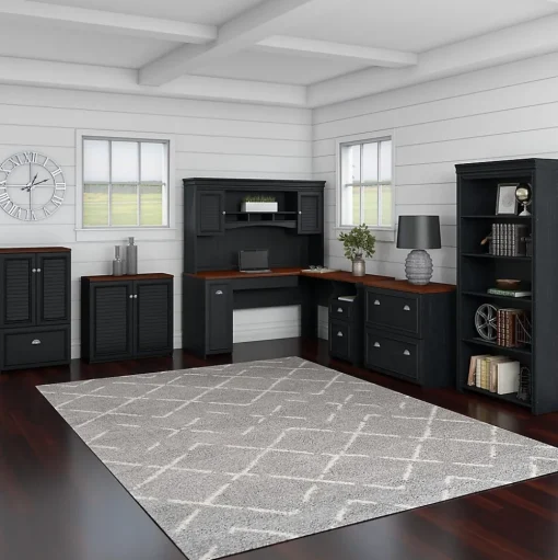 Bush Furniture L-Desks<Fairview 60"W L Shaped Desk with Drawers and Storage Cabinet, (WC53930-03K)
