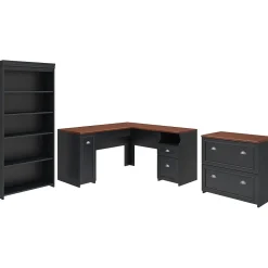 Bush Furniture L-Desks<Fairview 60"W L Shaped Desk with Lateral File Cabinet and 5 Shelf Bookcase, Antique Black (FV008AB)