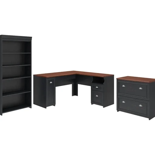 Bush Furniture L-Desks<Fairview 60"W L Shaped Desk with Lateral File Cabinet and 5 Shelf Bookcase, Antique Black (FV008AB)