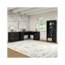 Bush Furniture L-Desks<Fairview 60"W L Shaped Desk with Lateral File Cabinet and 5 Shelf Bookcase, Antique Black (FV008AB)