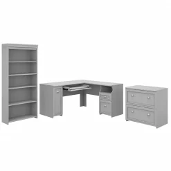 Bush Furniture L-Desks<Fairview 60"W L Shaped Desk with Lateral File Cabinet and 5 Shelf Bookcase, (FV008CG)