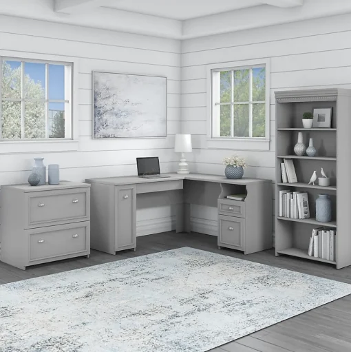 Bush Furniture L-Desks<Fairview 60"W L Shaped Desk with Lateral File Cabinet and 5 Shelf Bookcase, (FV008CG)