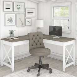 Bush Furniture L-Desks<Key West 60" L-Shaped Desk with Mid-Back Tufted Office Chair, Shiplap Gray/Pure White (KWS045G2W)