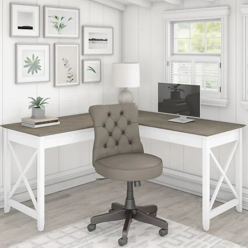 Bush Furniture L-Desks<Key West 60" L-Shaped Desk with Mid-Back Tufted Office Chair, Shiplap Gray/Pure White (KWS045G2W)