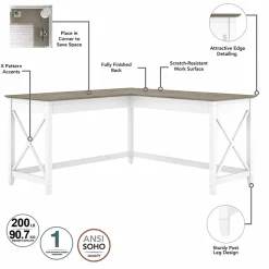 Bush Furniture L-Desks<Key West 60" L-Shaped Desk with Mid-Back Tufted Office Chair, Shiplap Gray/Pure White (KWS045G2W)