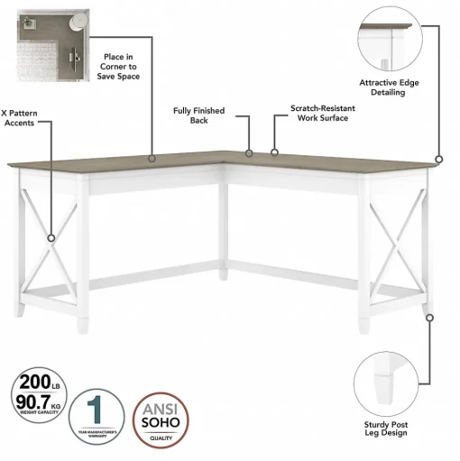 Bush Furniture L-Desks<Key West 60" L-Shaped Desk with Mid-Back Tufted Office Chair, Shiplap Gray/Pure White (KWS045G2W)
