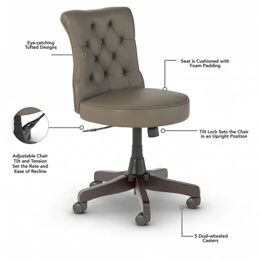 Bush Furniture L-Desks<Key West 60" L-Shaped Desk with Mid-Back Tufted Office Chair, Shiplap Gray/Pure White (KWS045G2W)