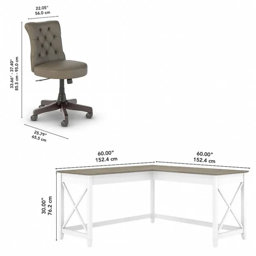 Bush Furniture L-Desks<Key West 60" L-Shaped Desk with Mid-Back Tufted Office Chair, Shiplap Gray/Pure White (KWS045G2W)