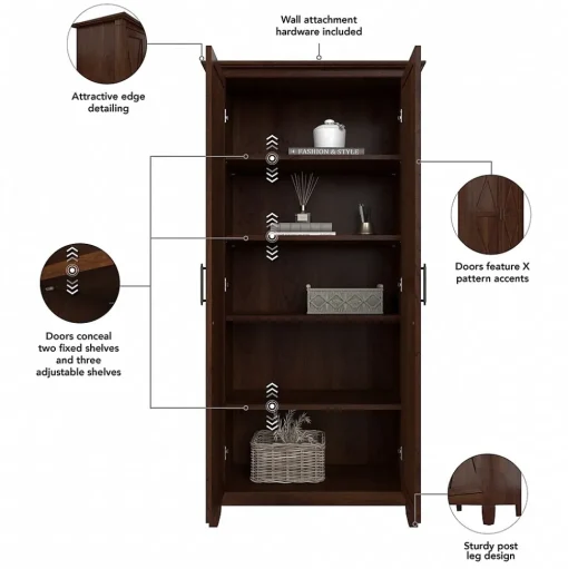 Bush Furniture Storage Cabinets<Key West 65.98" Tall Storage Cabinet with Doors and 5 Shelves, Bing Cherry (KWS266BC-03)