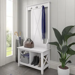 Bush Furniture Storage Cabinets<Key West 66" Hall Tree with Shoe Storage Bench, Pure White Oak (KWS166WT-03)