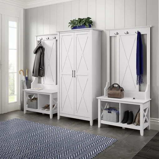 Bush Furniture Storage Cabinets<Key West 66" Hall Tree with Shoe Storage Bench, Pure White Oak (KWS166WT-03)