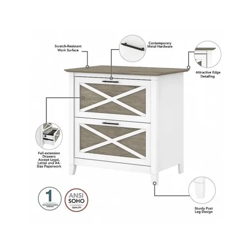 Bush Furniture File Cabinets<Key West 2-Drawer Lateral File Cabinet, Letter/Legal, Shiplap Gray/Pure White, 30" (KWF130G2W-03)