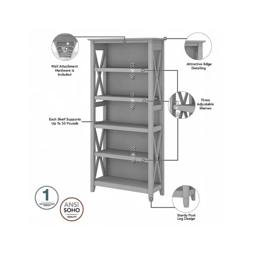 Bush Furniture Bookcases<Key West 66"H 5-Shelf Bookcase with Adjustable Shelves, Cape Cod Gray Laminated Wood (KWB132CG-03)