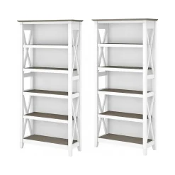 Bush Furniture Bookcases<Key West 66"H 5-Shelf Bookcase with Adjustable Shelves, Shiplap Gray/Pure White Laminated Wood, 2/Set (KWS046G2W)