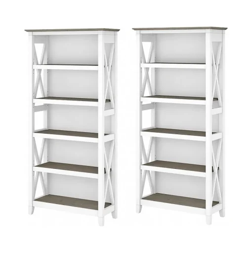 Bush Furniture Bookcases<Key West 66"H 5-Shelf Bookcase with Adjustable Shelves, Shiplap Gray/Pure White Laminated Wood, 2/Set (KWS046G2W)
