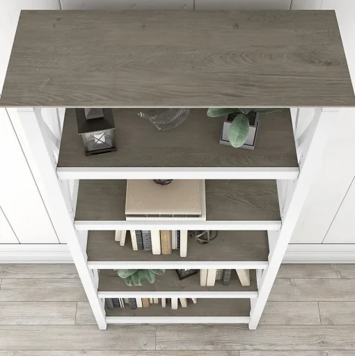 Bush Furniture Bookcases<Key West 66"H 5-Shelf Bookcase with Adjustable Shelves, Shiplap Gray/Pure White Laminated Wood, 2/Set (KWS046G2W)