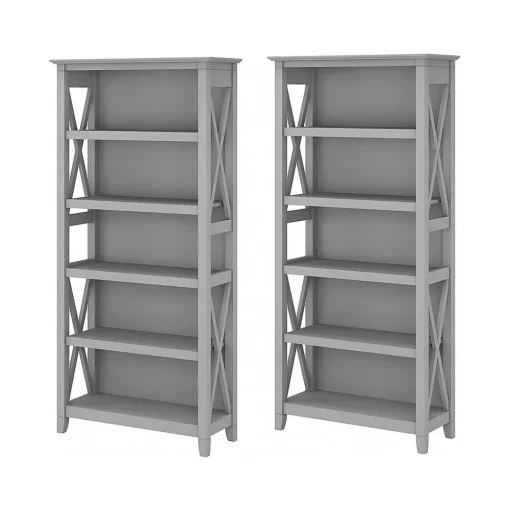 Bush Furniture Bookcases<Key West 66"H 5-Shelf Bookcase with Adjustable Shelves, Cape Cod Gray Laminated Wood, 2/Set (KWS046CG)