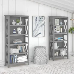 Bush Furniture Bookcases<Key West 66"H 5-Shelf Bookcase with Adjustable Shelves, Cape Cod Gray Laminated Wood, 2/Set (KWS046CG)