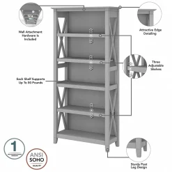 Bush Furniture Bookcases<Key West 66"H 5-Shelf Bookcase with Adjustable Shelves, Cape Cod Gray Laminated Wood, 2/Set (KWS046CG)