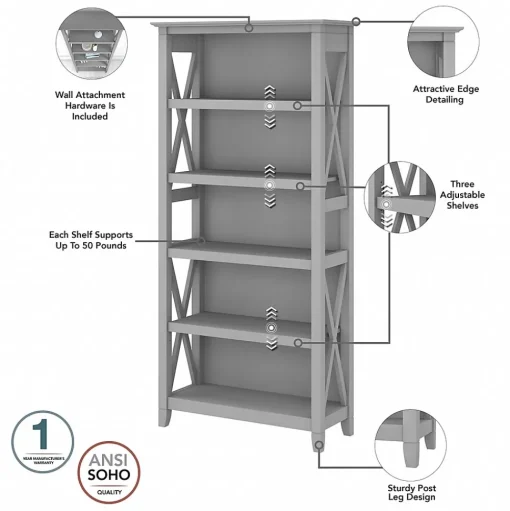 Bush Furniture Bookcases<Key West 66"H 5-Shelf Bookcase with Adjustable Shelves, Cape Cod Gray Laminated Wood, 2/Set (KWS046CG)