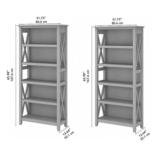 Bush Furniture Bookcases<Key West 66"H 5-Shelf Bookcase with Adjustable Shelves, Cape Cod Gray Laminated Wood, 2/Set (KWS046CG)