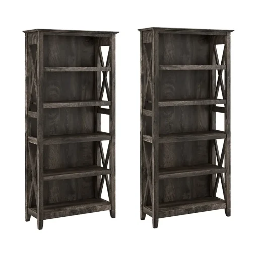Bush Furniture Bookcases<Key West 66"H 5-Shelf Bookcase with Adjustable Shelves, Dark Gray Hickory Wood, 2/Set (KWS046GH)