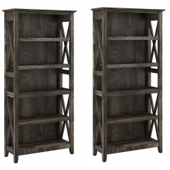 Bush Furniture Bookcases<Key West 66"H 5-Shelf Bookcase with Adjustable Shelves, Dark Gray Hickory Wood, 2/Set (KWS046GH)
