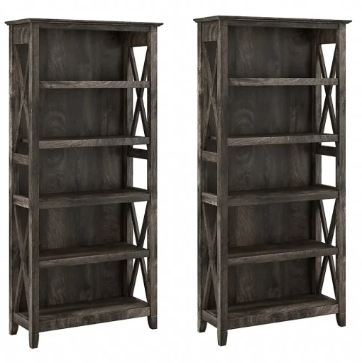 Bush Furniture Bookcases<Key West 66"H 5-Shelf Bookcase with Adjustable Shelves, Dark Gray Hickory Wood, 2/Set (KWS046GH)