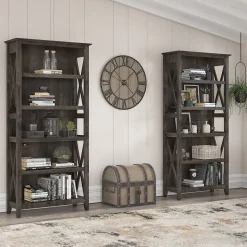 Bush Furniture Bookcases<Key West 66"H 5-Shelf Bookcase with Adjustable Shelves, Dark Gray Hickory Wood, 2/Set (KWS046GH)