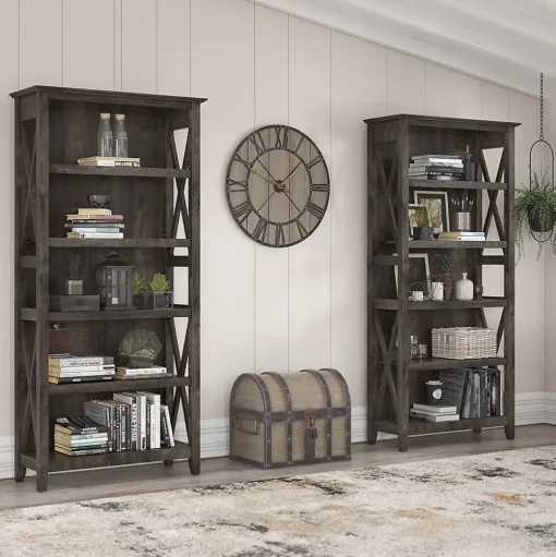 Bush Furniture Bookcases<Key West 66"H 5-Shelf Bookcase with Adjustable Shelves, Dark Gray Hickory Wood, 2/Set (KWS046GH)